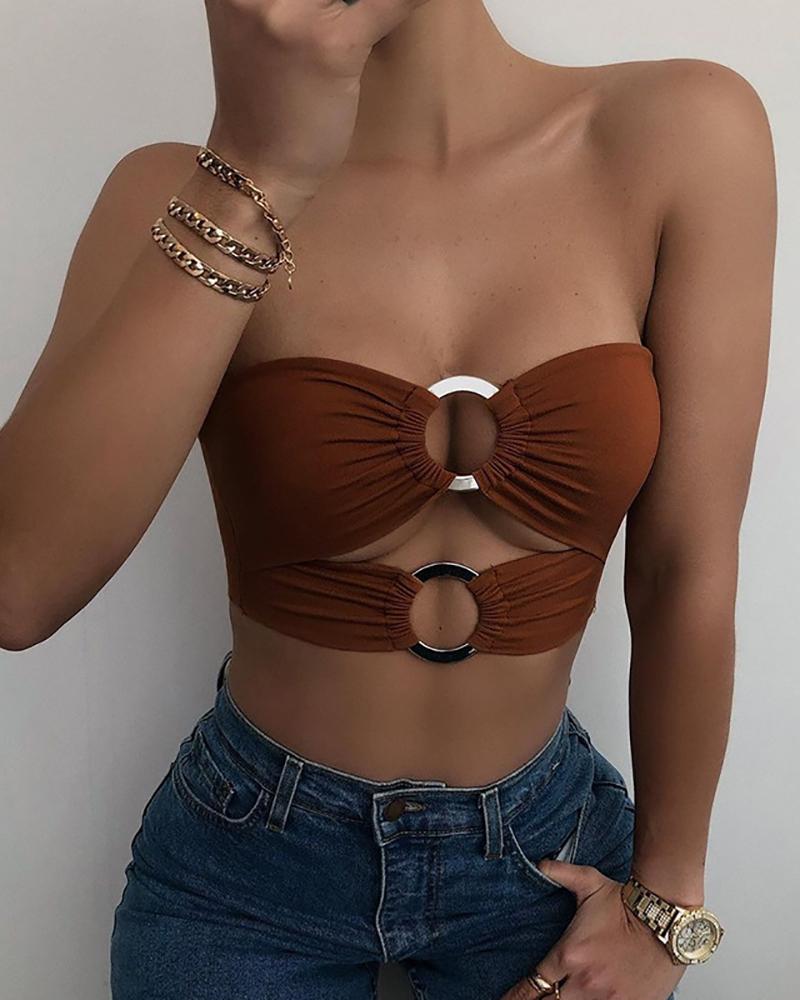 

O-Ring Decor Ruched Bandeau Crop Top, Brown