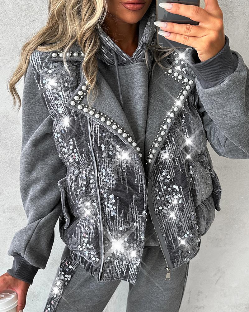 

Contrast Sequin Pearls Decor Vest Puffer Coat, Gray