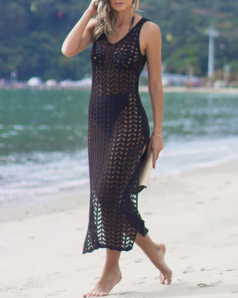 

Hollow Out Knit High Slit Cover Up Dress, Black