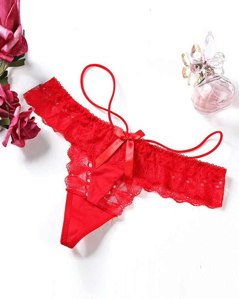 

Bowknot Decor Floral Lace Thong Panty, Red