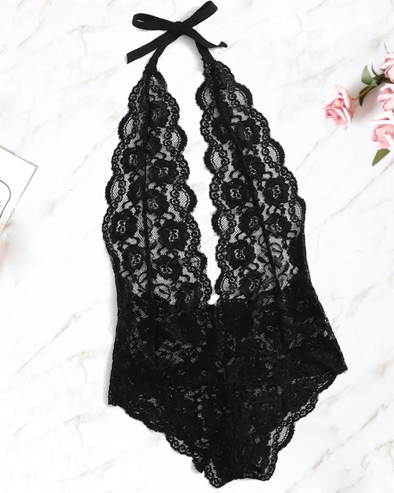 

Perspective Lace Hem Halter Bodysuit, Black