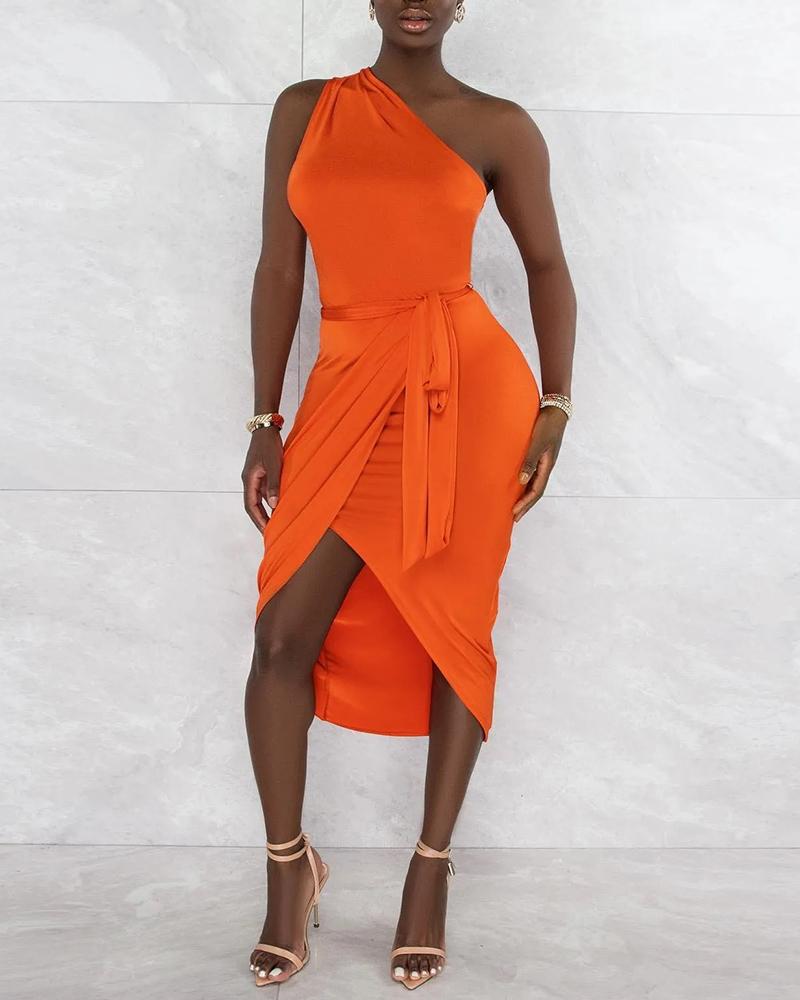 

One Shoulder Tied Detail Wrap Dress, Orange