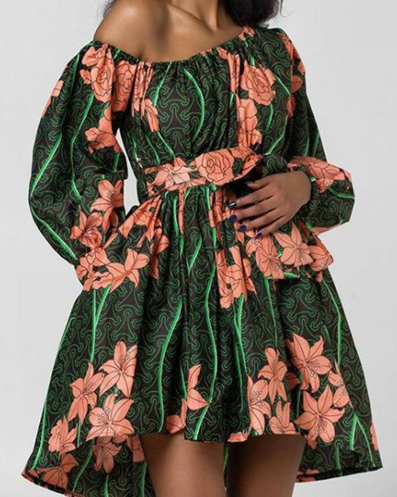 

Retro Patterns Printing Bubble Sleeve Skinny Waist Dress, Green