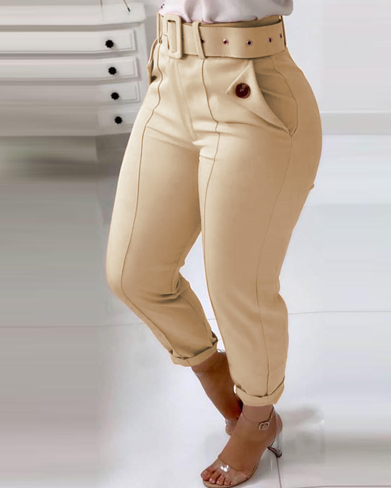 

Pocket Design Buttoned Casual Pants, Apricot