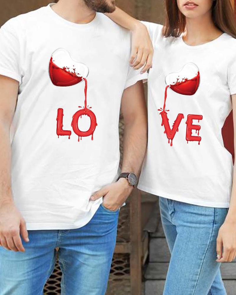 

Valentine's Day Letter Heart Print T-shirt For Women, White