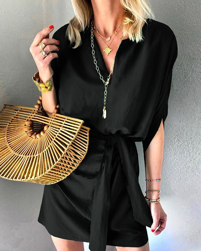 

Solid V-Neck Belted Dress, Black