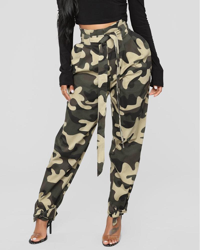 

Camouflage Print High Waist Pocket Design Cargo Pants, Green