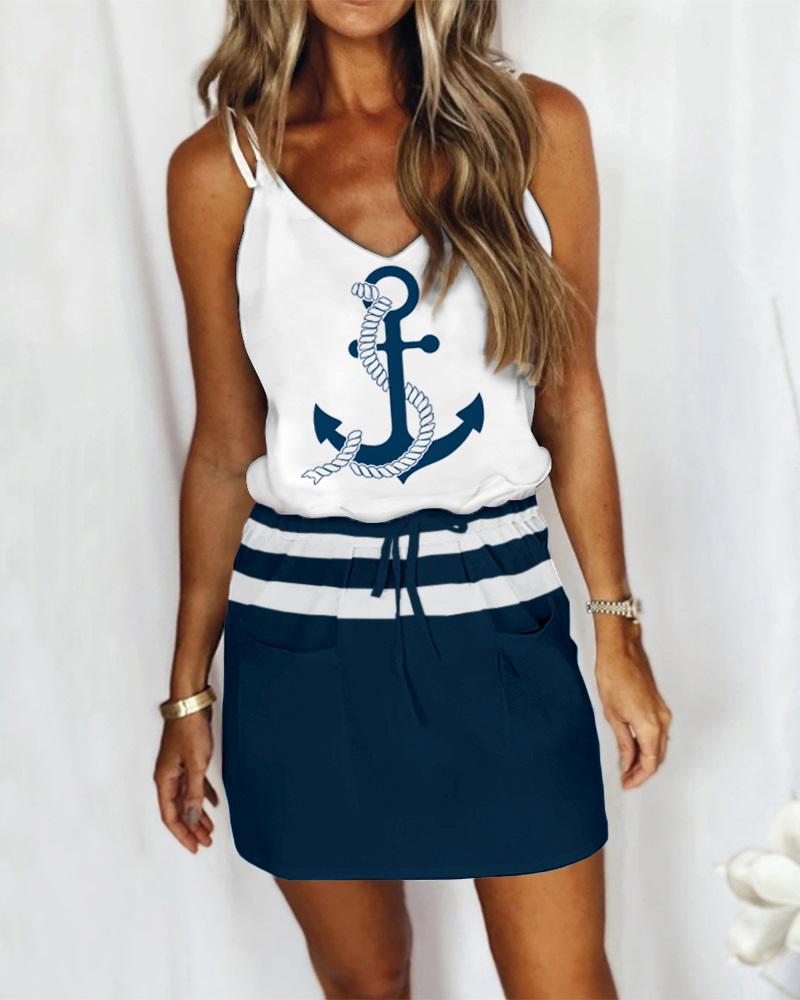

Anchor Print Drawstring Pocket Design Casual Dress, White