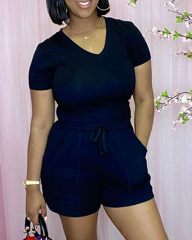 

Short Sleeve T-shirt & Pocket Design Drawstring Shorts Set, Black