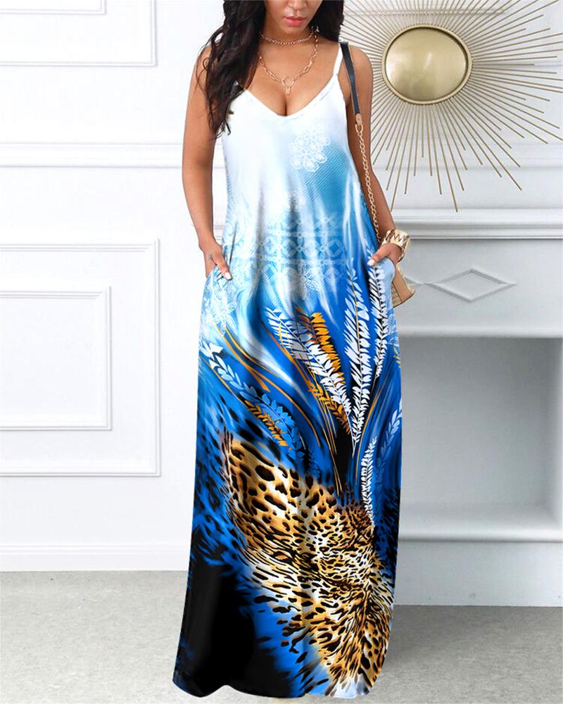 

Leopard Print Spaghetti Strap Casual Dress, Blue