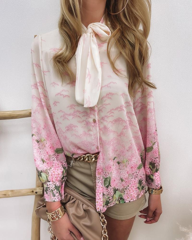 Floral Print Lace-up Long Sleeve Shirt