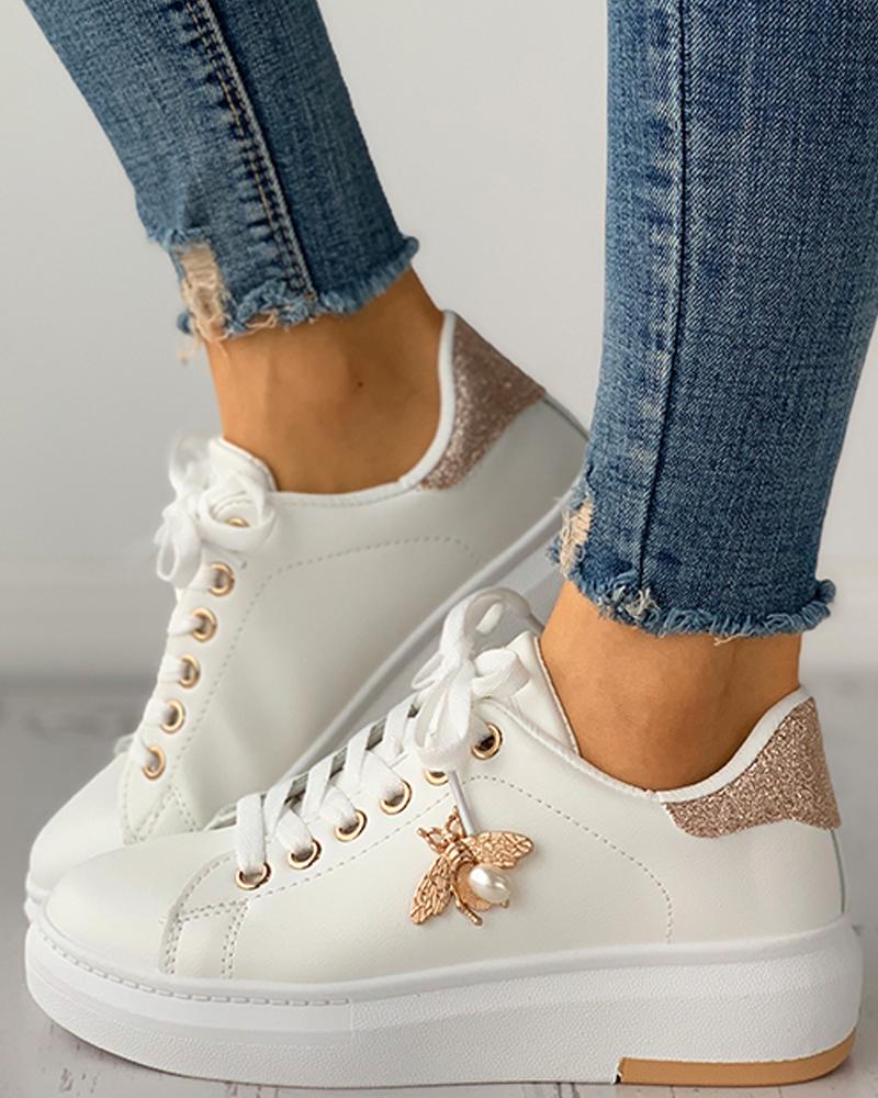 

Sequins Bee Pattern Eyelet Lace-up Skater Shoes, Gold