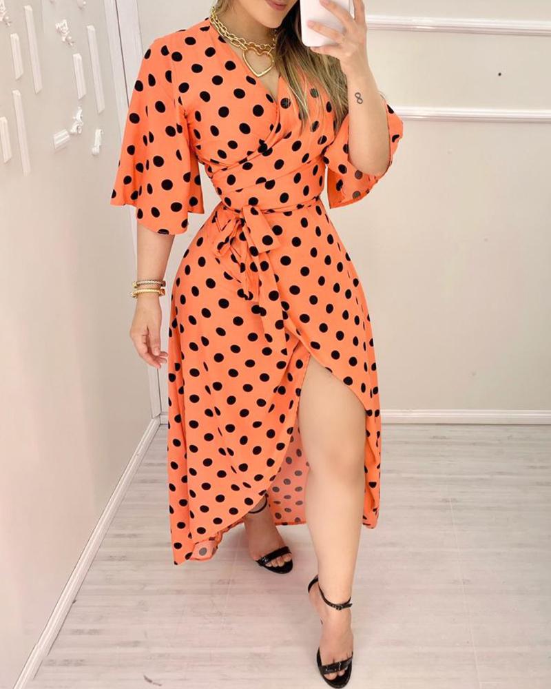 

Polkadot Print High Slit Bell Sleeve Maxi Dress, Orange