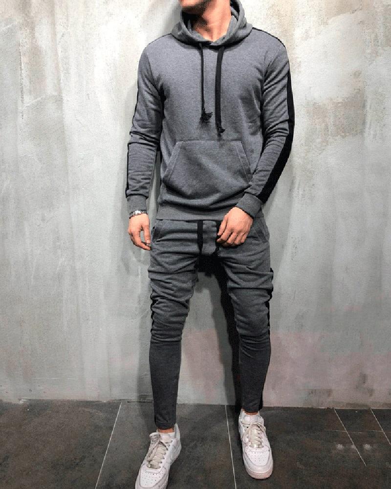 

Men Striped Colorblock Hooded Top & Pants Set, Gray