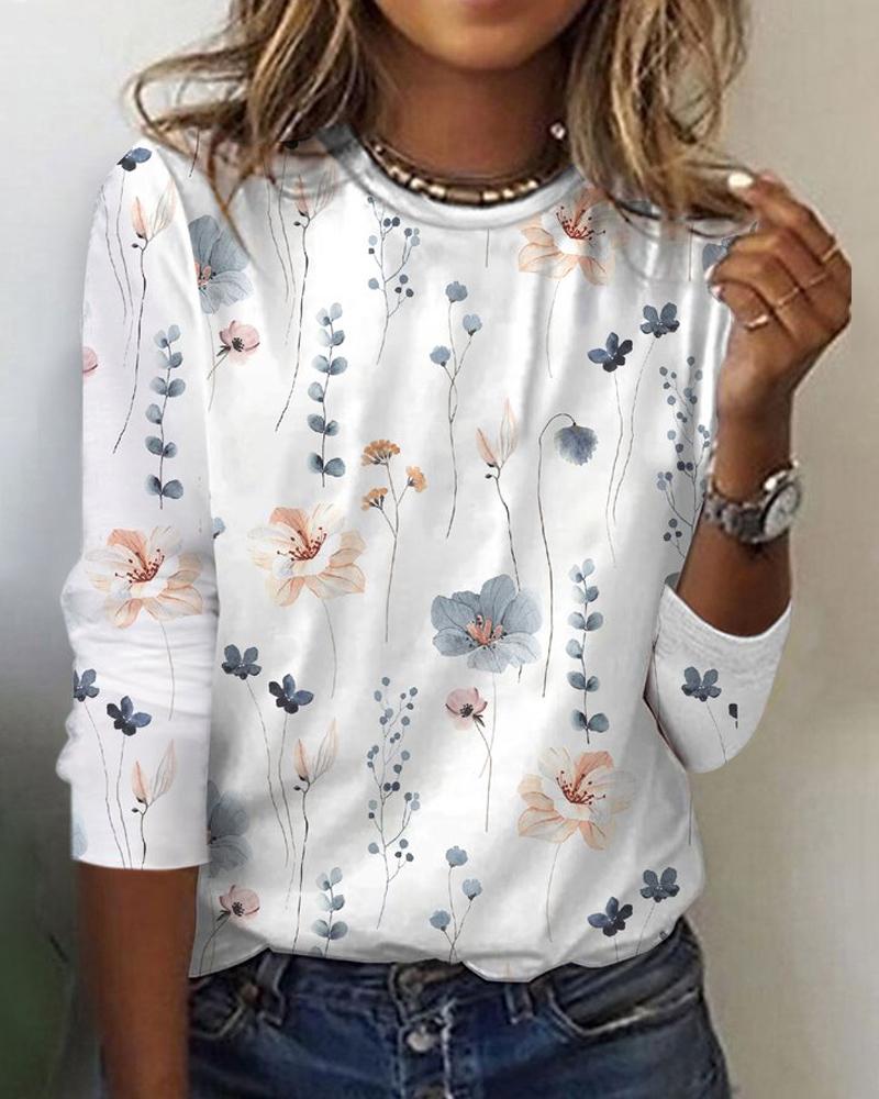 

Floral Print Round Neck Top, White