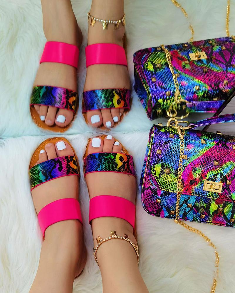 

Double Strap Snakeskin Pattern Slippers, Hot pink