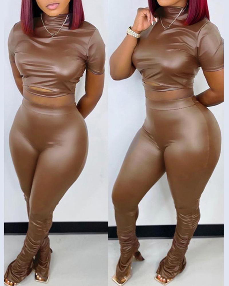 

PU Leather Crop Top & High Waist Pants Set, Coffee