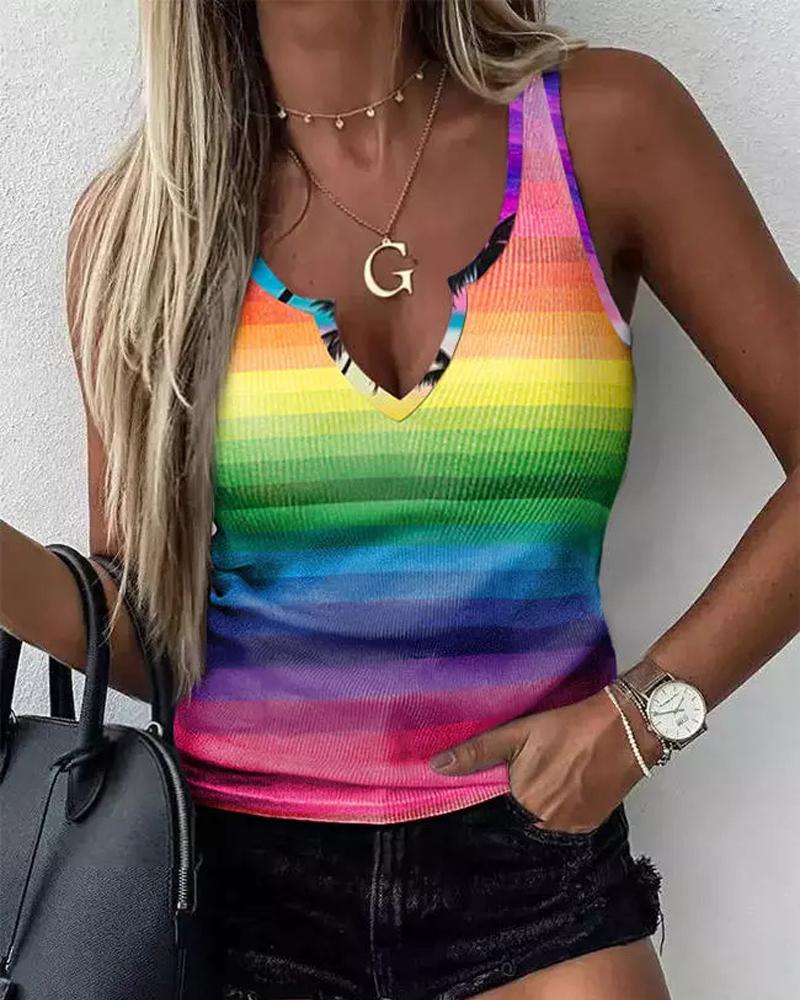 

Ombre Striped Print V-Cut Casual Tank Top, Multicolor