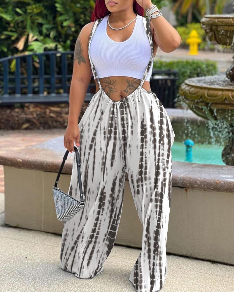 

Tie Dye Print Wide Leg Suspender Jumpsuit, Gray