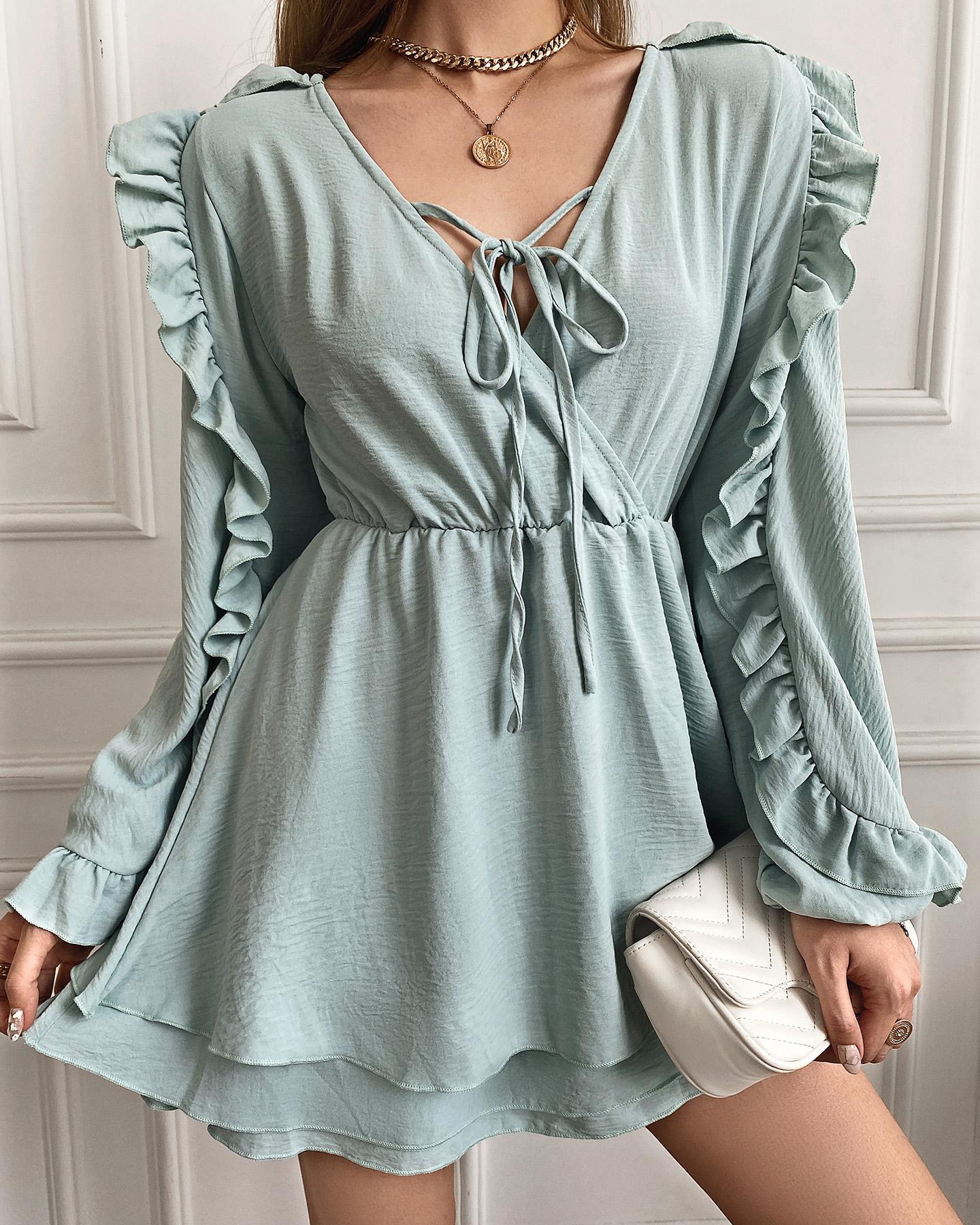 

Ruffle Hem Drawstring Ruched Layered Dress, Blue