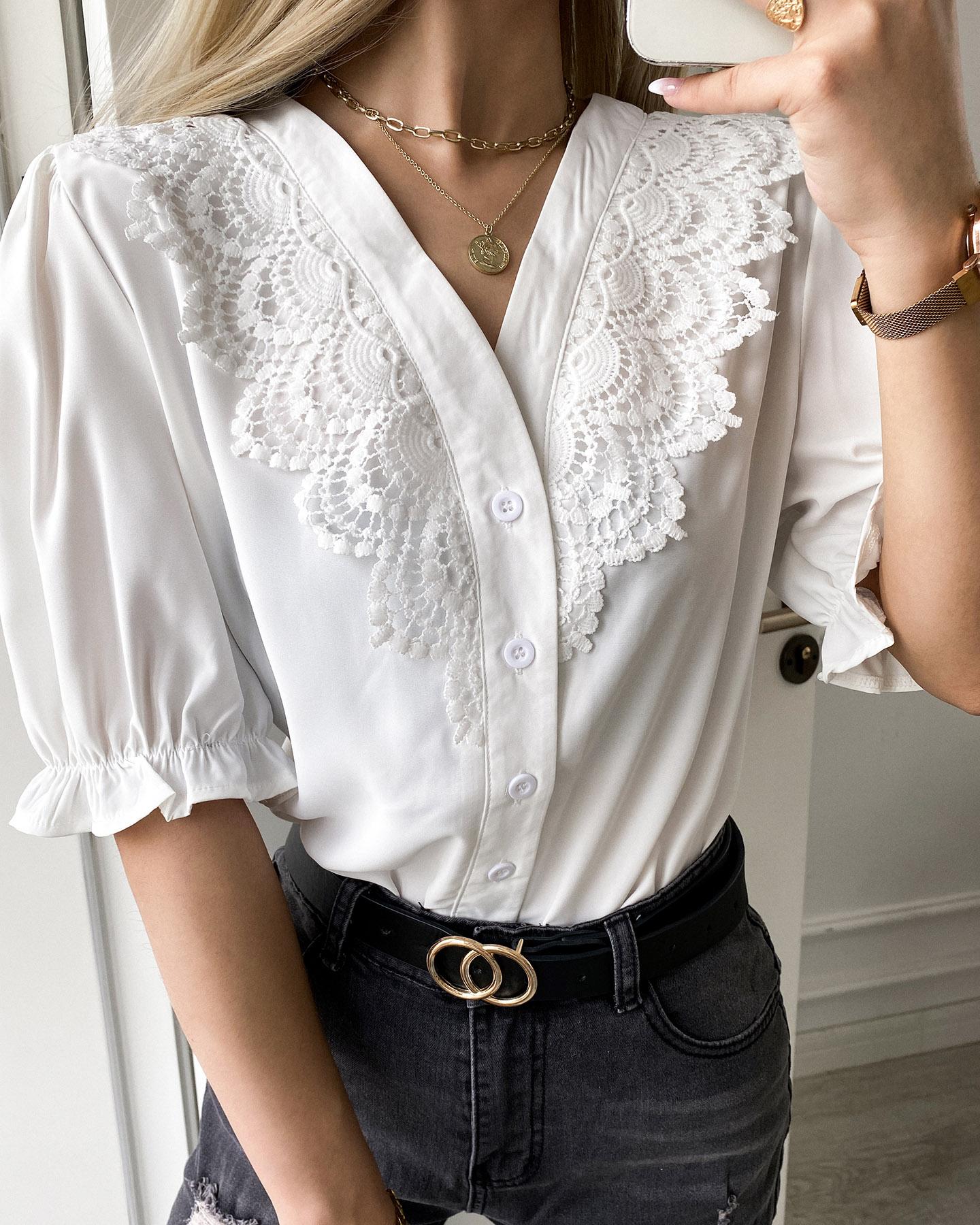 

Lace V-neck Plain Short Sleeve Shirt, White