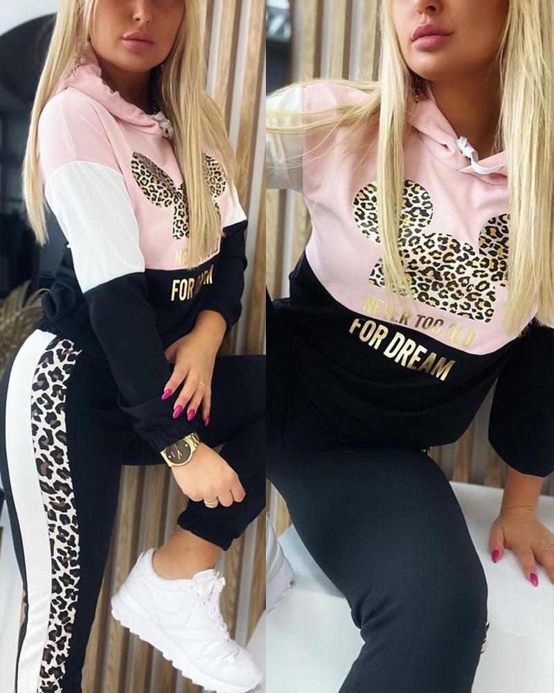 

Colorblock Leopard Letter Print Hoodie & Pants Set, Pink