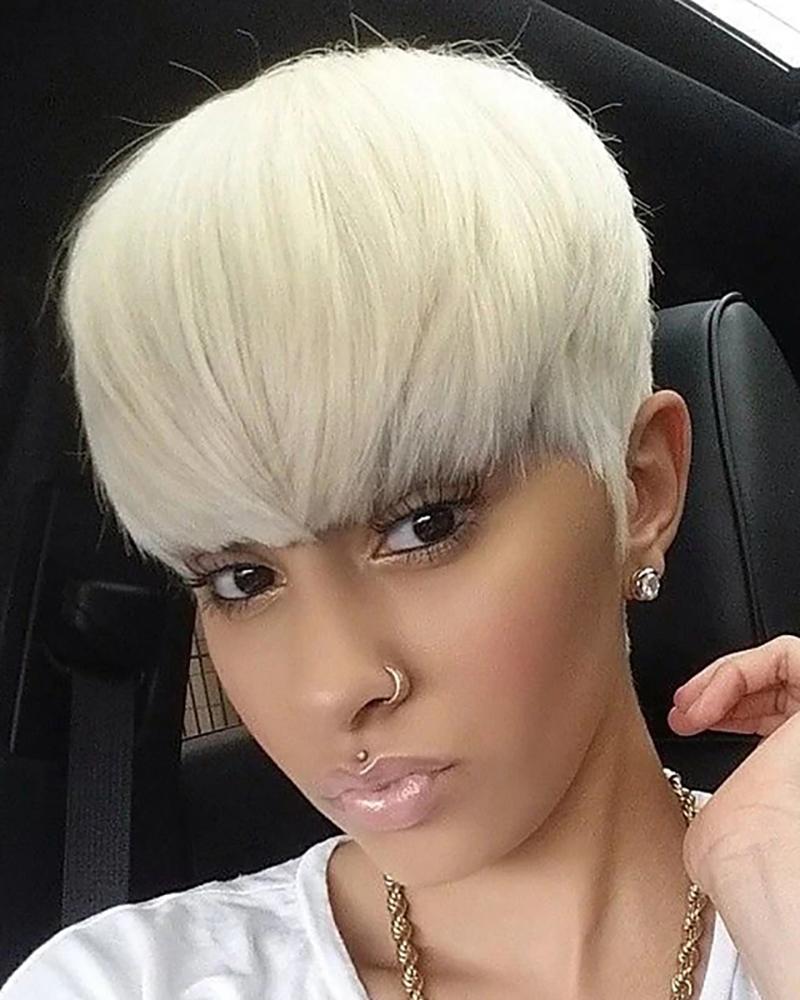 

Human Hair Blend Wig Machine Made White Straight Classic Short Hairstyles Wig