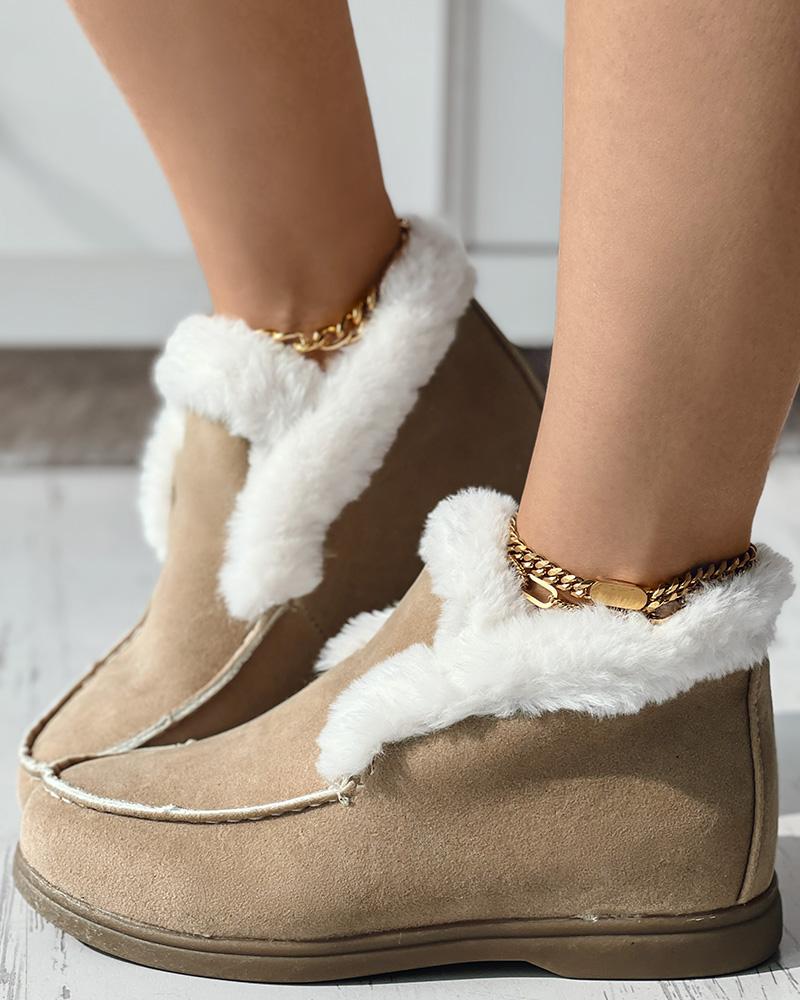 

Fuzzy Trim Lined Ankle Snow Boots, Beige