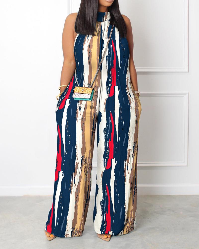 

Tie Dye Print Striped Sleeveless Wide Leg Jumpsuit, Multicolor