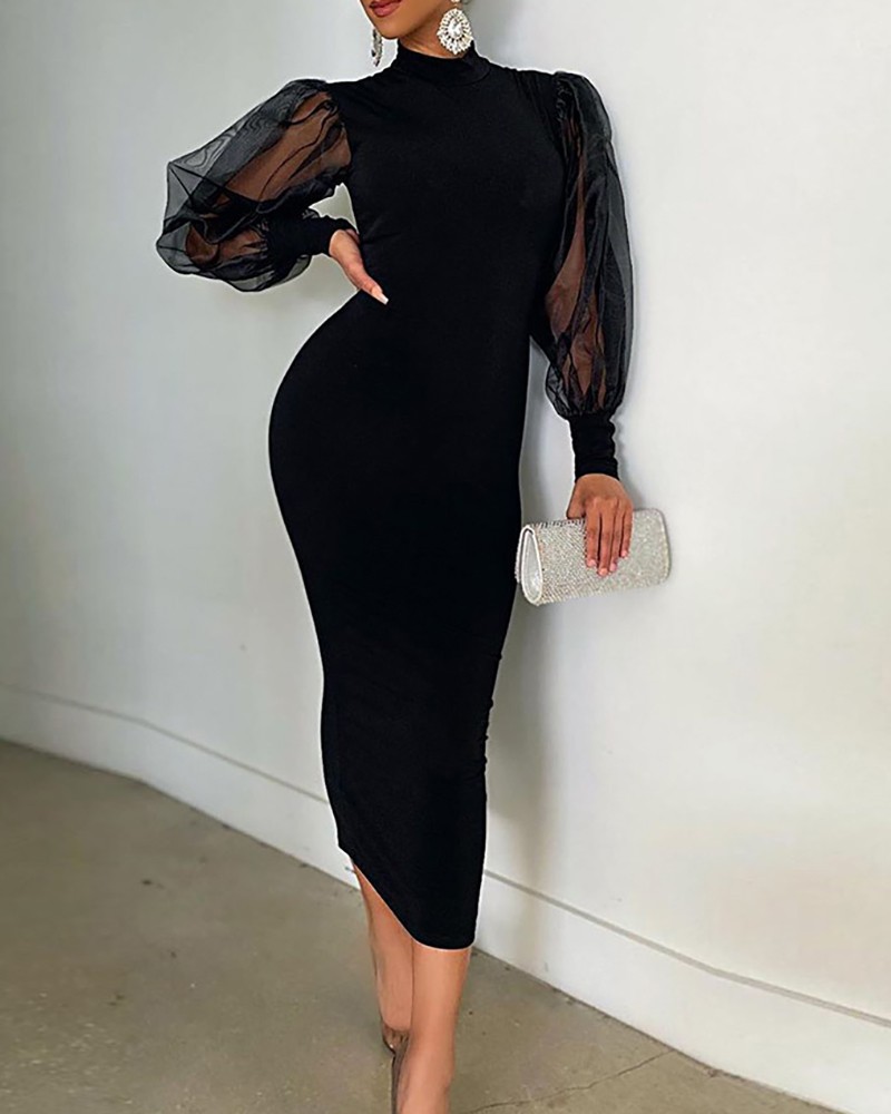 Download Mock Neck Mesh Lantern Sleeve Dress Online. Discover ...