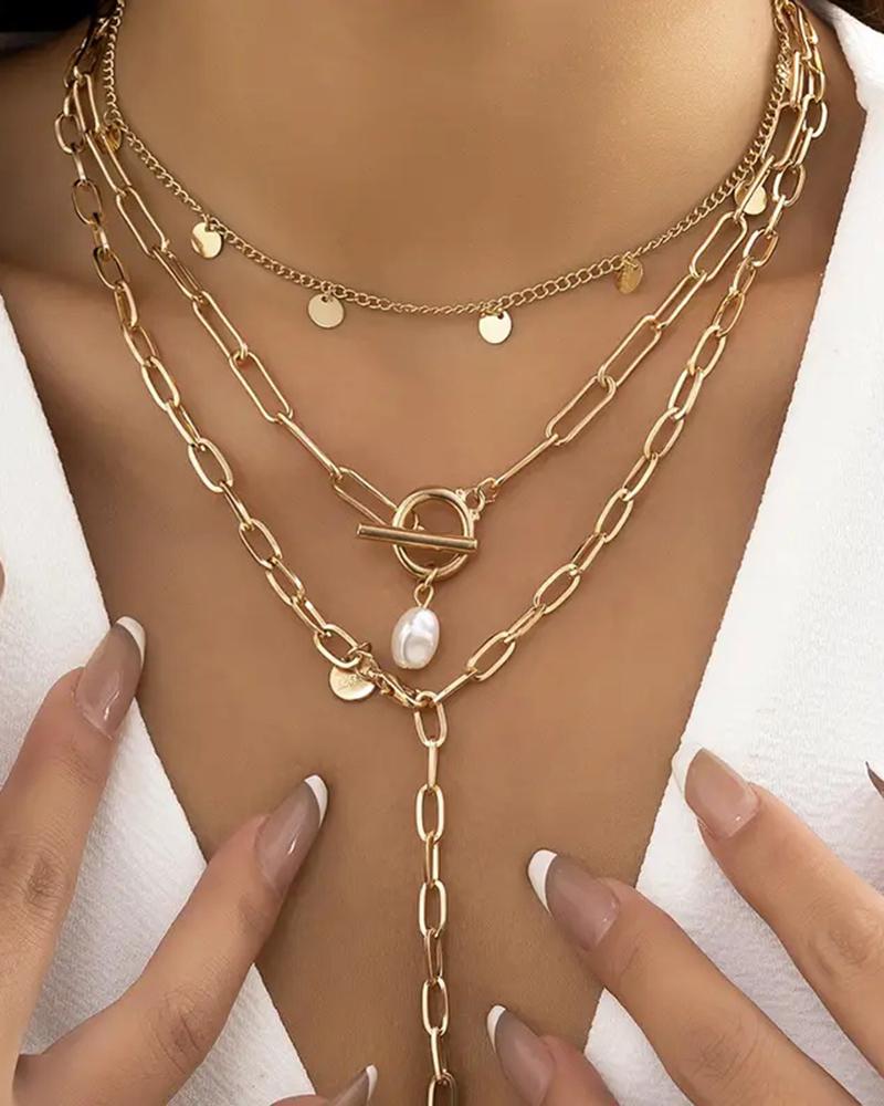 

3pcs Women's Fashion Pearl Sequin Tassel Pendant Y Necklaces Set, Gold