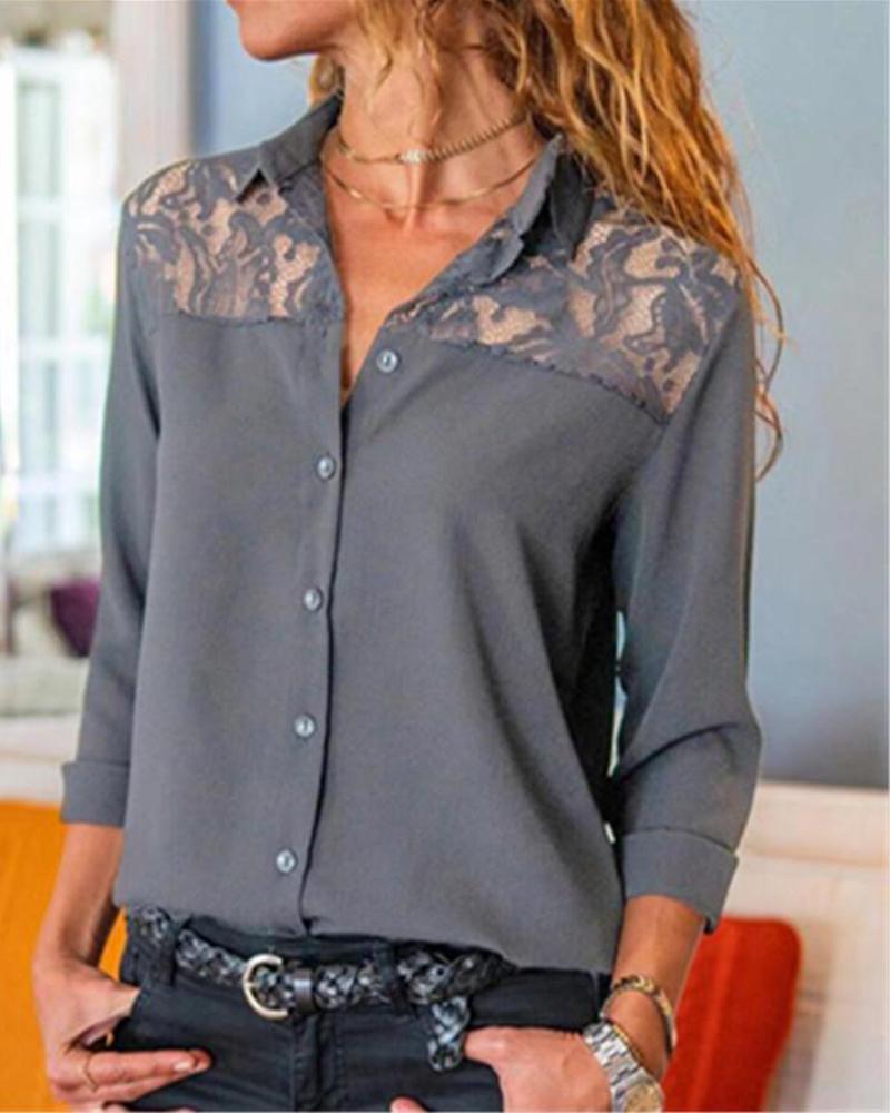 

Lace Insert Button-Up Shirt, Gray