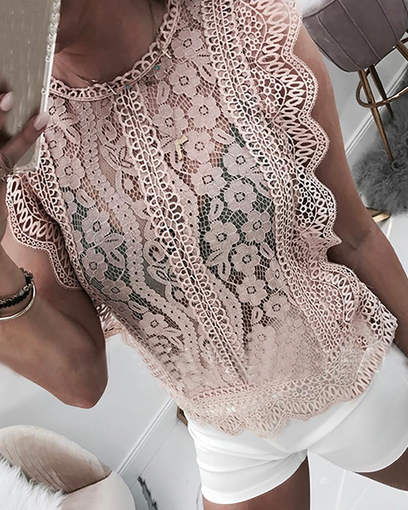 

Hollow Out Guipure Lace Casual Blouse, Pink