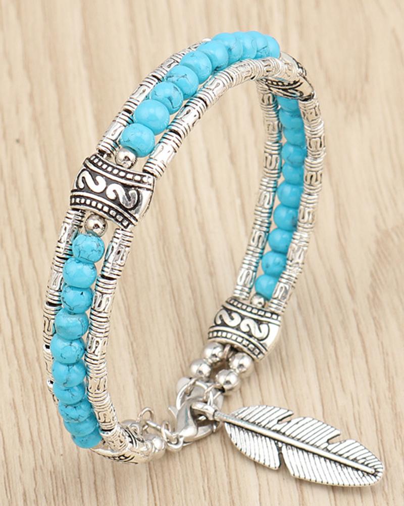 

1pc Bohemian Feather Pattern Hollow Out Turquoise Beaded Bracelet, Blue