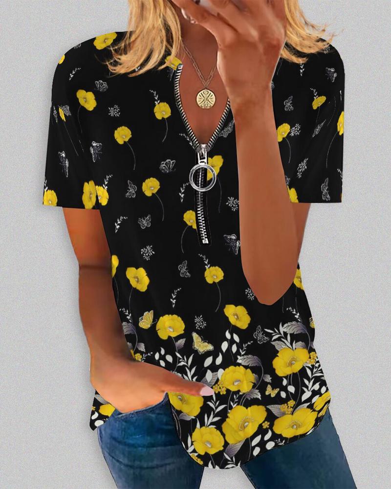 

Floral Butterfly Print Zip Front Casual T-shirt, Black
