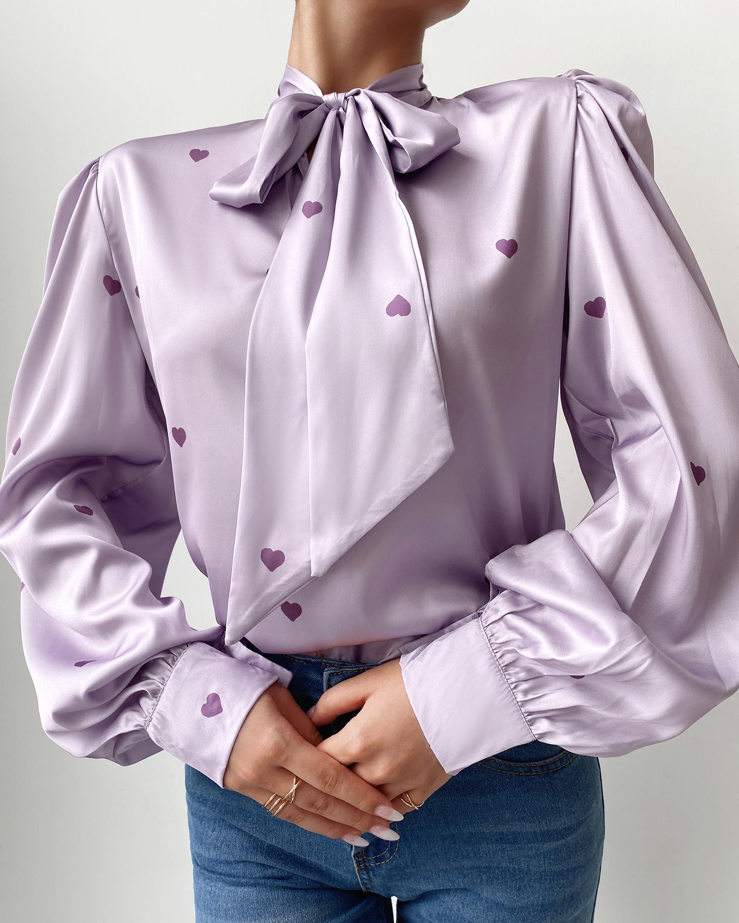 

Puff Lantern Sleeve Heart Print Satin Top, Purple