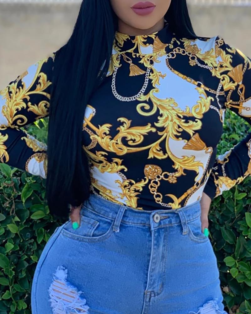 

Retro Print Long Sleeve Blouse, Black