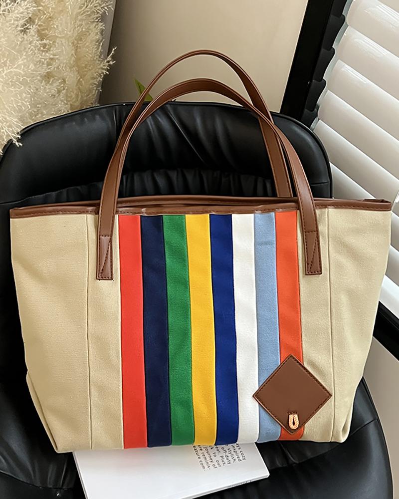 

Rainbow Stripe Print Canvas Tote Bag, Khaki