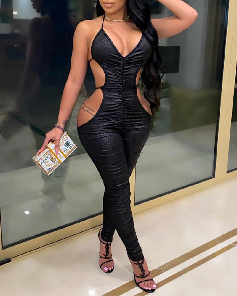 

Halter Open Back Ruched Jumpsuit, Black