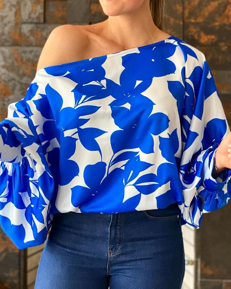 

Floral Print One Shoulder Lantern Sleeve Top Casual Long Sleeve Blouse, Blue