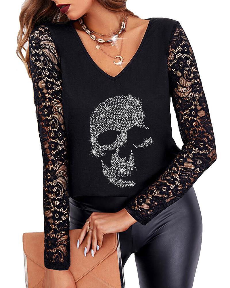 

Valentine' Day Crochet Lace Long Sleeve Rhinestone Top, Style2