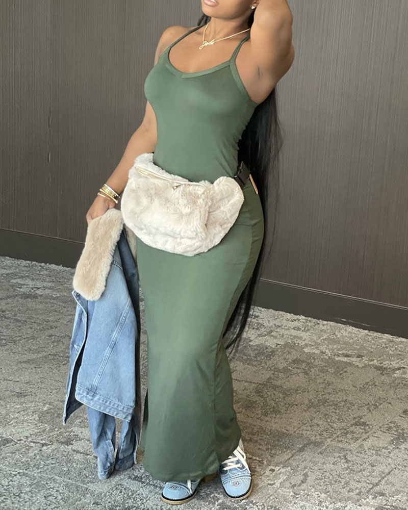 

Halter Plain Sleeveless Maxi Dress, Green