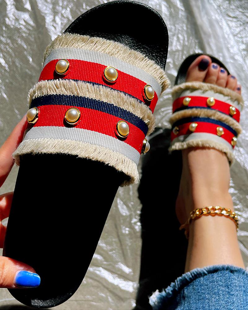 

One Strap Tassel Studded Slippers, Beige