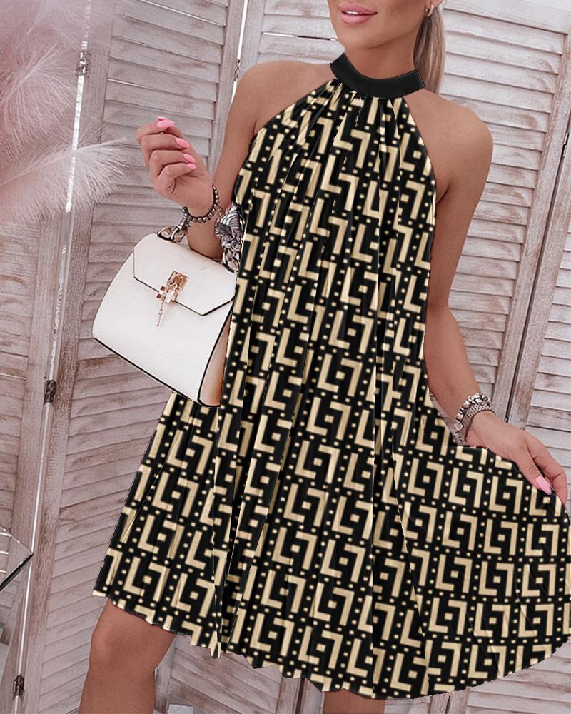 

Geometric Print Sleeveless Pleated Casual Dress, Khaki