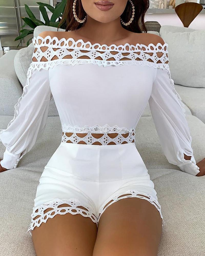 

Off Shoulder Lattice Detail Hollow Out Romper, White