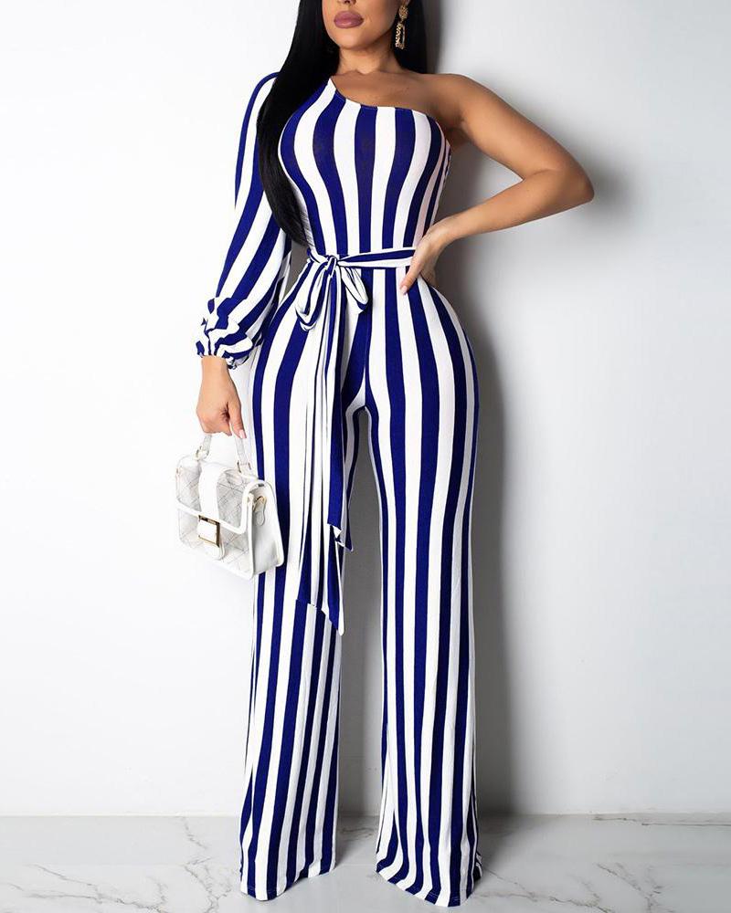 

One Shoulder Striped Bleted Jumpsuit, Blue