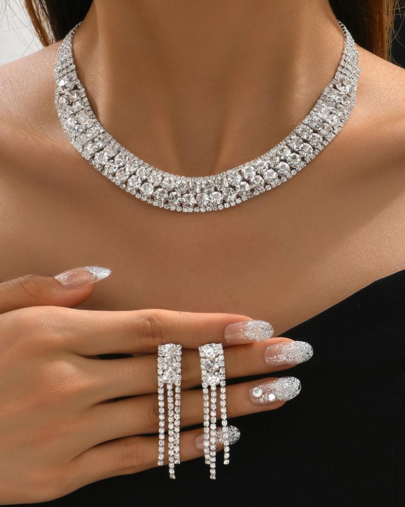

2PCS Rhinestone Wide Choker & Tassel Drop Earrings Wedding Bridal Jewelry Set, White