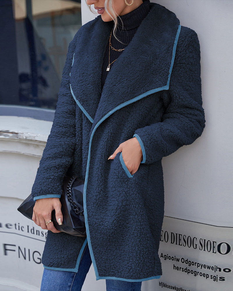 

Contrast Binding Waterfall Open Front Teddy Coat, Purplish blue