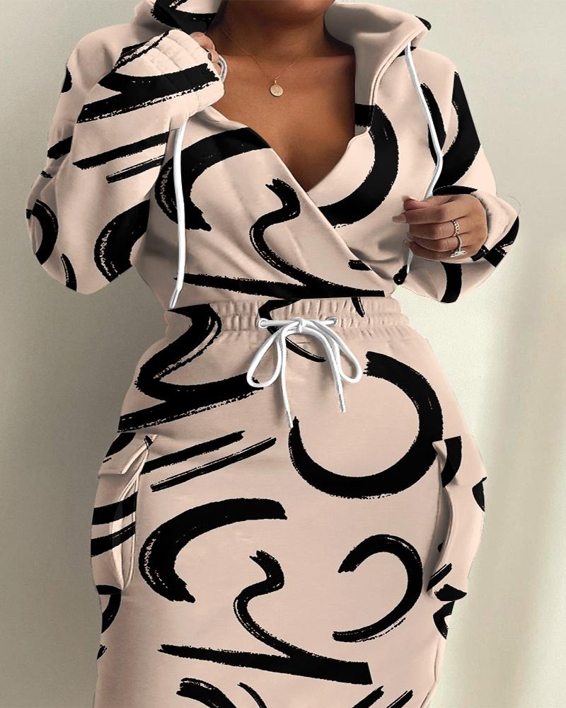 

Plus Size Abstract Print Drawstring Waist Sweatshirt Dress, Apricot