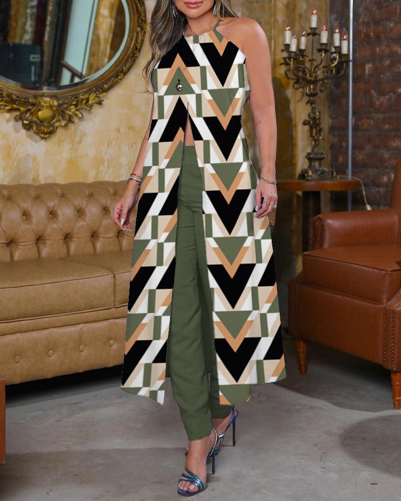 

Geometric Print High Slit Longline Top & Pants Set, Green